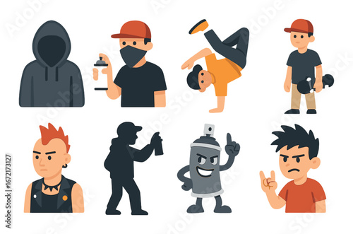 Street art and hip hop culture: graffiti, breakdancing, and urban style illustrations