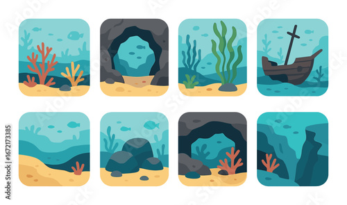Underwater scenes with coral, seaweed, caves, and sunken ship in cartoon style