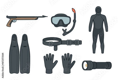 Comprehensive spearfishing gear collection with wetsuit, snorkel, goggles, and fins