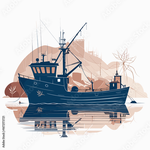Fishing boat with reflections in calm water and a coastal town background in a minimalist style for marine themes