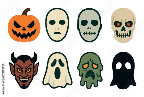 Halloween mask icon set with pumpkin, skull, devil, ghost designs