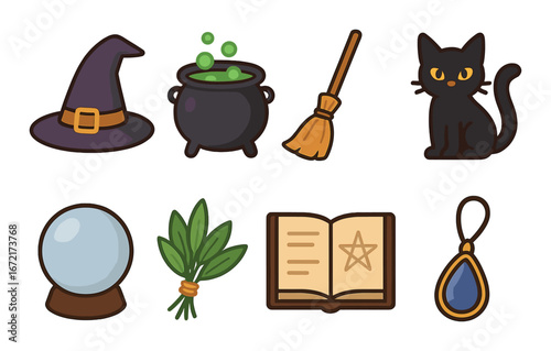 Witchcraft elements: hat, cauldron, broomstick, black cat, crystal ball, herbs, spellbook, amulet