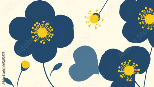 Elegant Floral Pattern in Deep Blues and Yellows, Perfect for Wallpaper and Textile Design