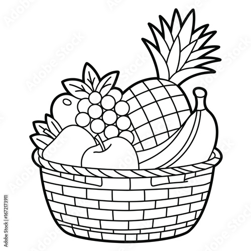 Black and white line drawing illustration of a wholesome fruit basket filled with assorted fresh produce white background