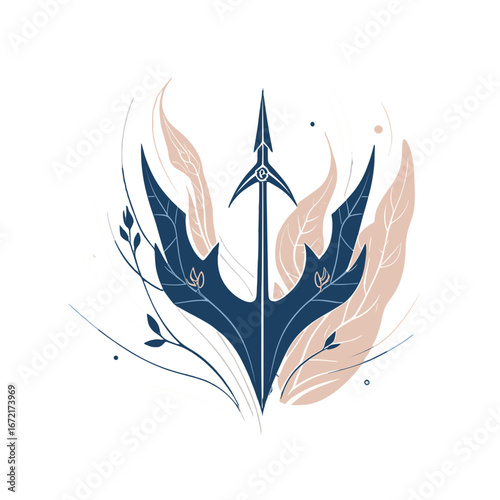 Stylized trident surrounded by leaves and circular elements in a modern design for marine themes