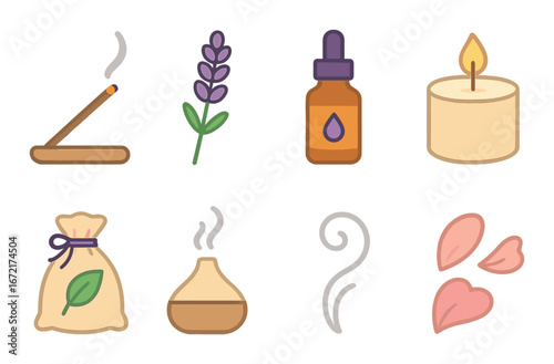 Aromatherapy essentials with incense, lavender, oil, candle, sachet, diffuser, steam, petals