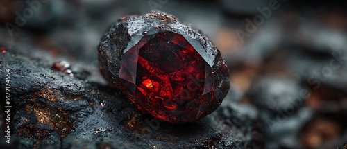 deep red precious stone encased in dark mineral
