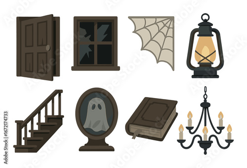 Spooky halloween themed icons: haunted house, ghost, lantern, spider web, and more
