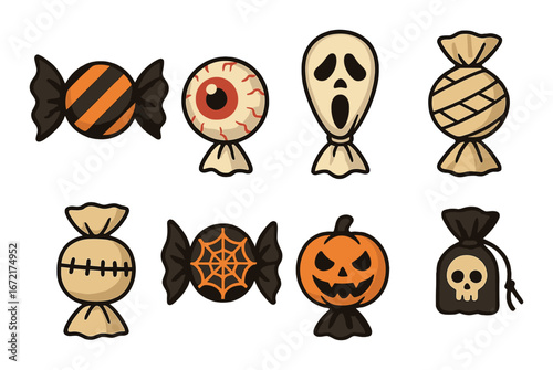 Cartoon halloween candy with spooky designs: pumpkin, skull, eyeball, and more