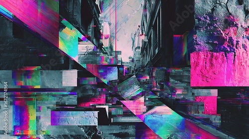 Abstract city view with vibrant glitch art and modern style