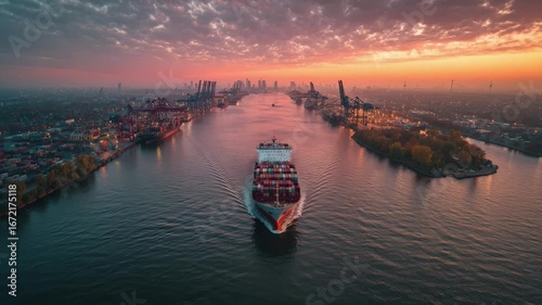 Container ship at sunset entering a busy port city harbor, 4k video footage