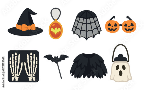 Halloween icons: witch hat, ghost lantern, bat wings, skeleton, pumpkin, spider web
