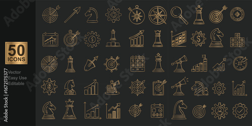 Set of 50 golden business and finance line icons on dark background including charts graphs money calculator and tools