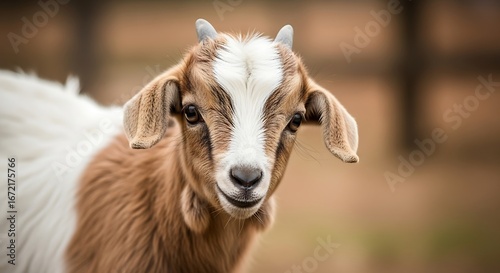 Adorable young goat with brown and white fur and small horns gazes curiously forward in soft natural light