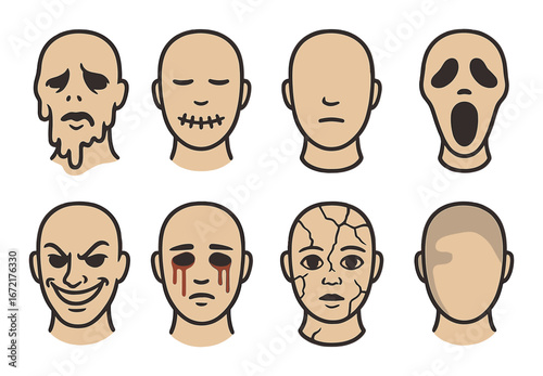 Collection of eight diverse cartoon emoticon faces with unique expressions
