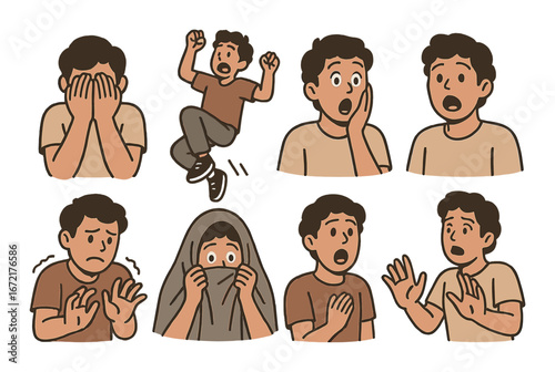 Expressive cartoon boy displaying various emotions and reactions