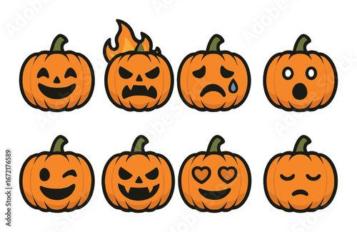 Cartoon pumpkins with various facial expressions for halloween