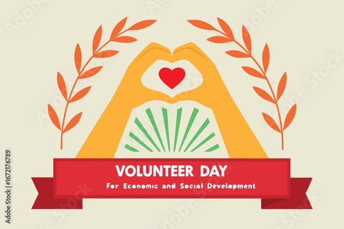 Volunteer Day message with hands forming heart and branches on beige background economic social