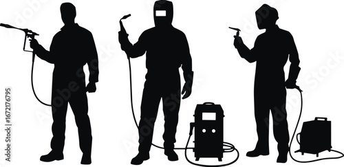 Welding silhouettes, industrial workers, protective gear, welding machine, safety equipment, metalwork process, manufacturing concept, black isolated vector, construction icon set