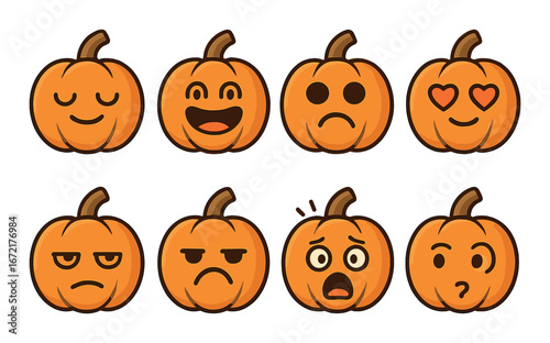 Cartoon pumpkins with different emotions on orange background