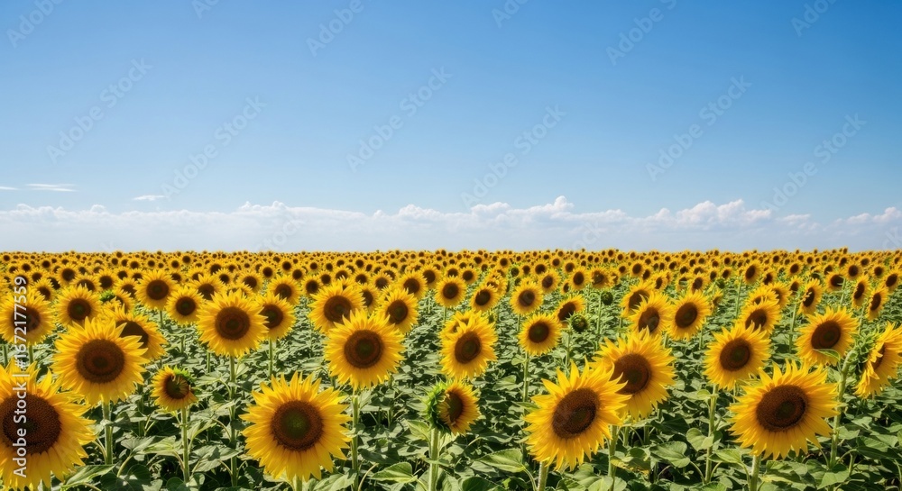 Obraz premium Vast Field of Vibrant Sunflowers Under a Clear Blue Sky