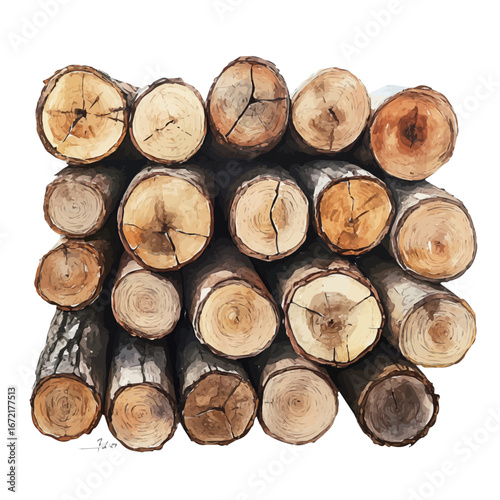 Cozy Fireplace Firewood Stack, watercolor drawing vector, isolated on a white background.