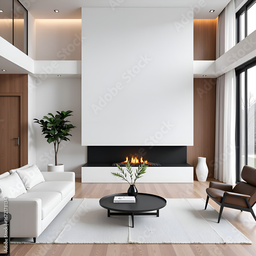Modern Mid Century White And Black Living Room Interior At Waterfront