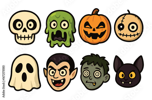 Cartoon halloween characters: skull, slime, pumpkin, ghost, vampire, zombie, bat, doll face