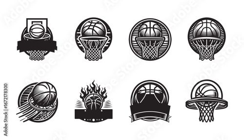 Collection of eight Basketball Silhouette Basketball t shirt black and white basketball emblems and logos with hoops and banners sport game