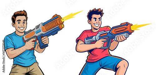 Young man holding toy nerf gun vector illustration, playful cartoon character design on white background