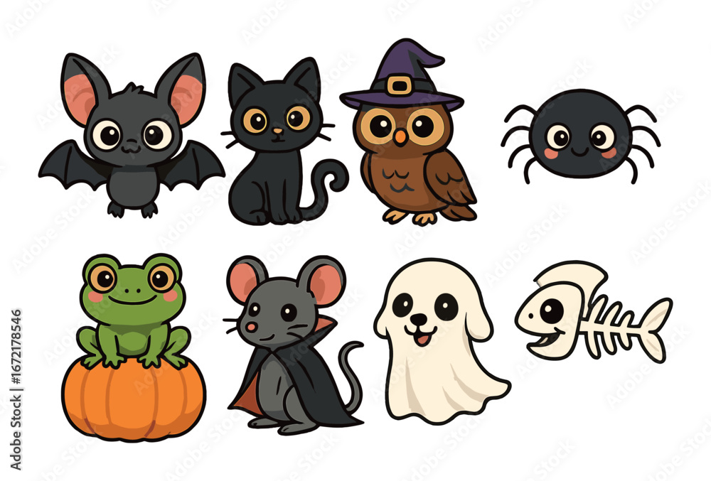 Naklejka premium Cute halloween characters: bat, cat, owl, spider, frog, mouse, ghost, fishbone