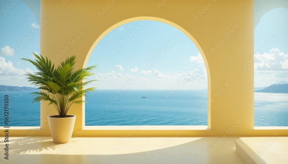 Obraz premium Serene Coastal View from Archway Balcony