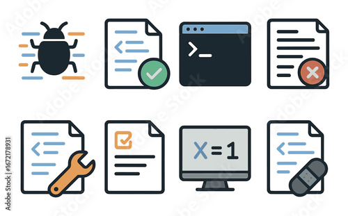 Software bug fixing and development icons with tools and code elements