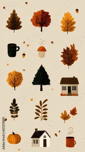 Autumn elements including trees, leaves, and cozy items in warm colors capturing the essence of fall