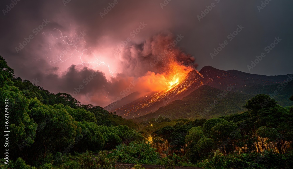 Fototapeta premium Volcanic eruption at night with lightning (1)