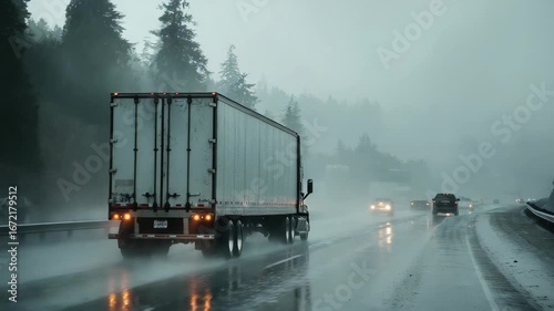 Semi Truck Driving in Heavy Rain on Highway, 4k video footage