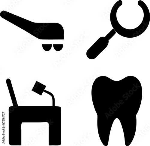 Modern dental equipment icons, symbols for dentists, teeth, oral health, and patient care promotions