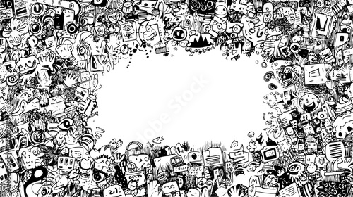 Chaotic black and white doodle illustration