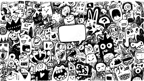 Chaotic black and white cartoon illustration