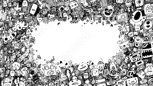 Chaotic black and white doodle illustration