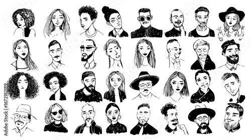 Diverse hand-drawn portraits collection 