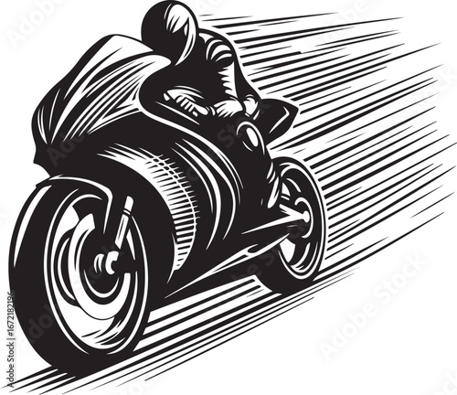 Dynamic black and white artistic depiction of a motorcyclist speeding on a high-performance racing bike. The streamlined design and motion lines emphasize speed and adrenaline
