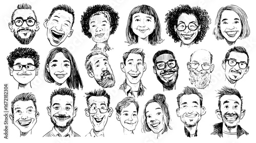 Diverse cartoon portraits with joyful expressions