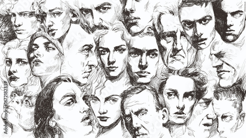 Collage of sketched faces with diverse expressions