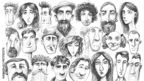Collection of hand-drawn caricatures of diverse faces