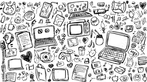 Hand-drawn doodles of electronic devices and stationery