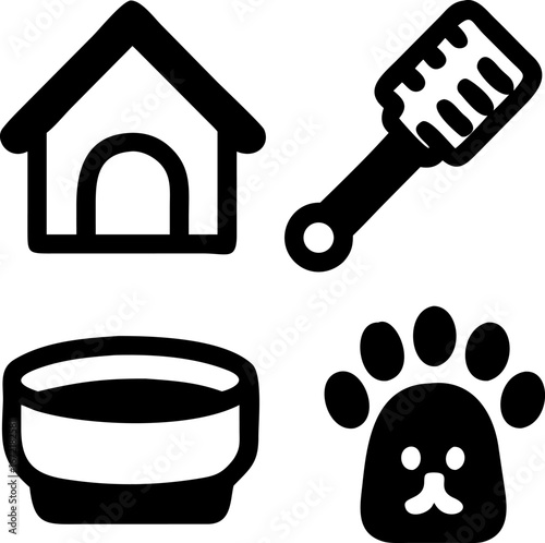 Delightful dog essentials with house, bowl, paw print, and brush in minimalist style