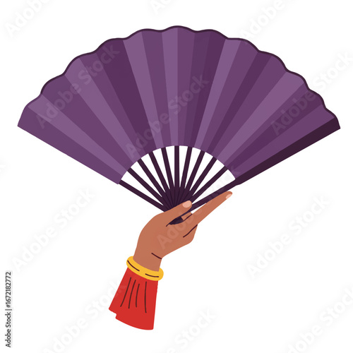 Hand holding a purple fan with black ribs, showcasing elegance and tradition, creating a sense of sophistication and cultural appreciation.