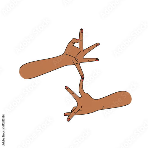 Two hands performing a synchronized dance move against a white backdrop, showcasing grace and coordination in a modern artistic style.