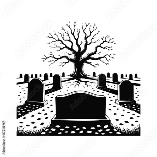 Graveyard Illustration Silhouette with Bare Tree and Tombstones in a Cemetery Scene